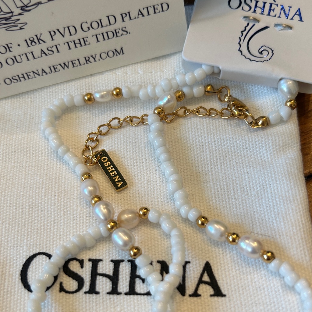 Oshena Designer Beachwear Boho Pearl Gold Beaded Necklace Free Jewelry Box